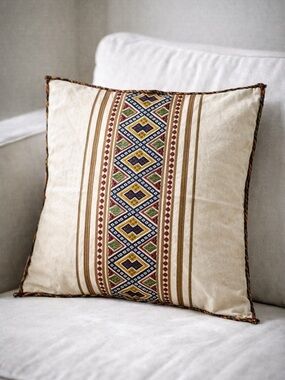 Vintage Greek Handmade Embroidered Pillow Cover Boho Cotton Textile